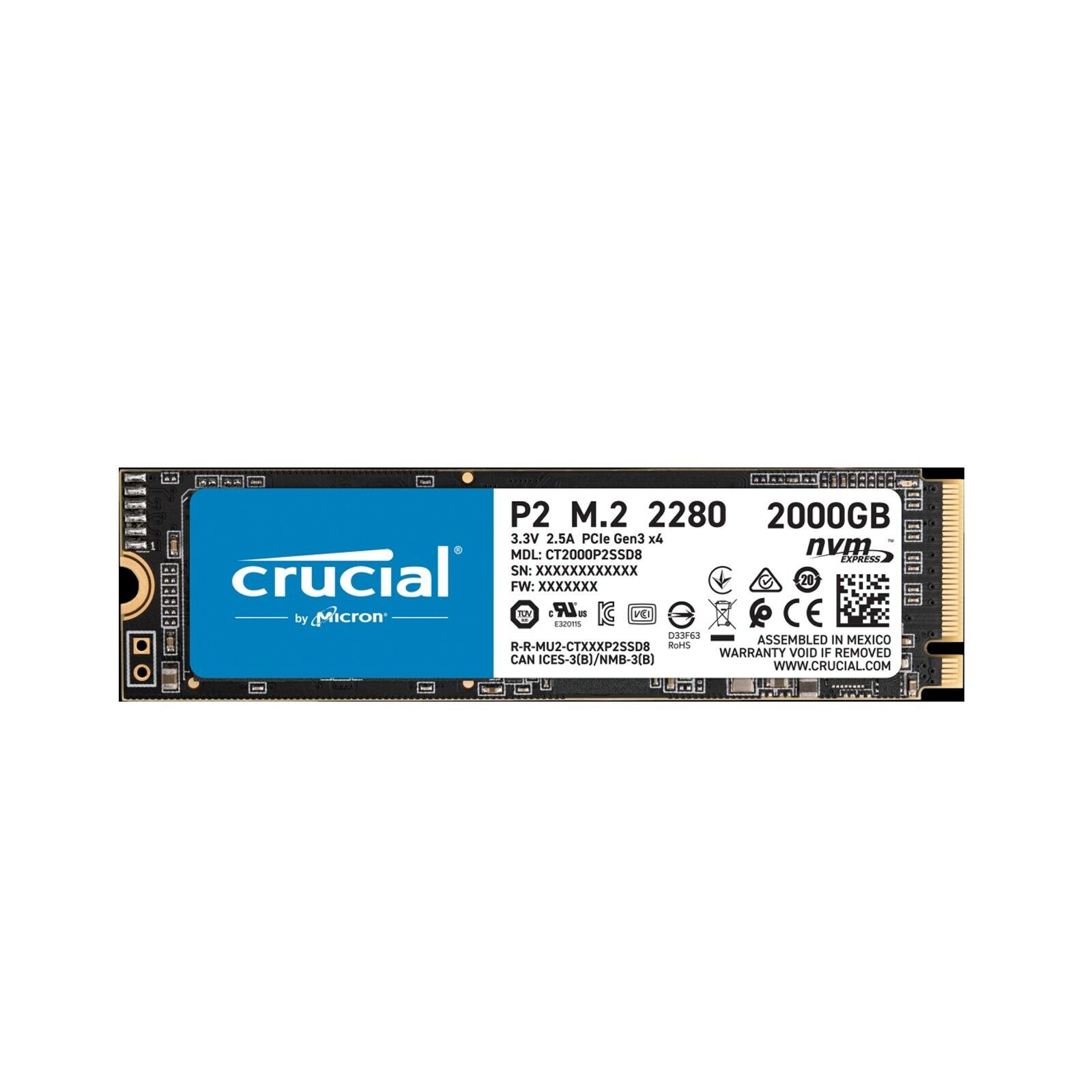 Crucial P2 2TB Internal SSD M.2 2280 PCIE NVMe 3.0x4 2400 MB/s Maximum Read