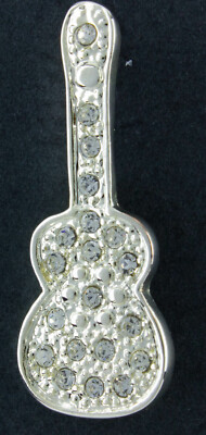 Musikinstrument kleine Gitarre Brosche Kristall Nieten versilbert Anstecknadel