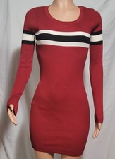 Burgundy Ribbed Knit Bodycon Dress Long Sleeve Striped Sweater Mini Dress SALE