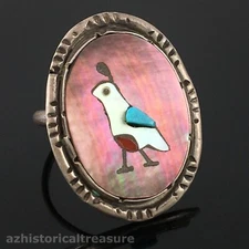 RALPH QUAM - NATIVE AMERICAN ZUNI STERLING SILVER MULTI-STONE INLAY QUAIL RING