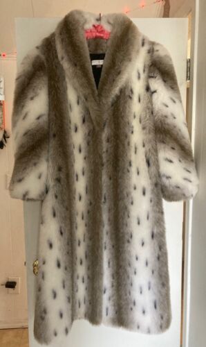 Lew Magram Faux Lynx Fur Coat Vintage White/Grey/Black Full Length- Size Large