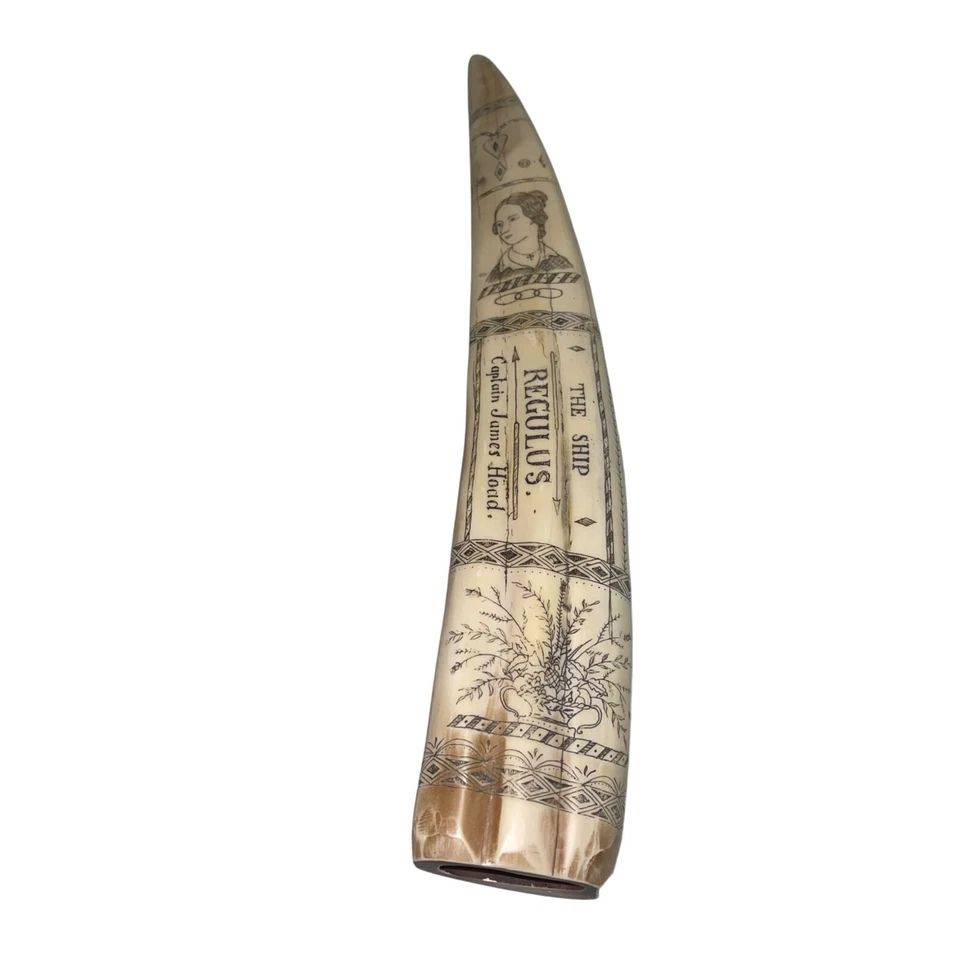 Reproducción de resina vintage Scrimshaw Tusk 14 The Ship Regulus Captain James Hoad Foto 2 de 4