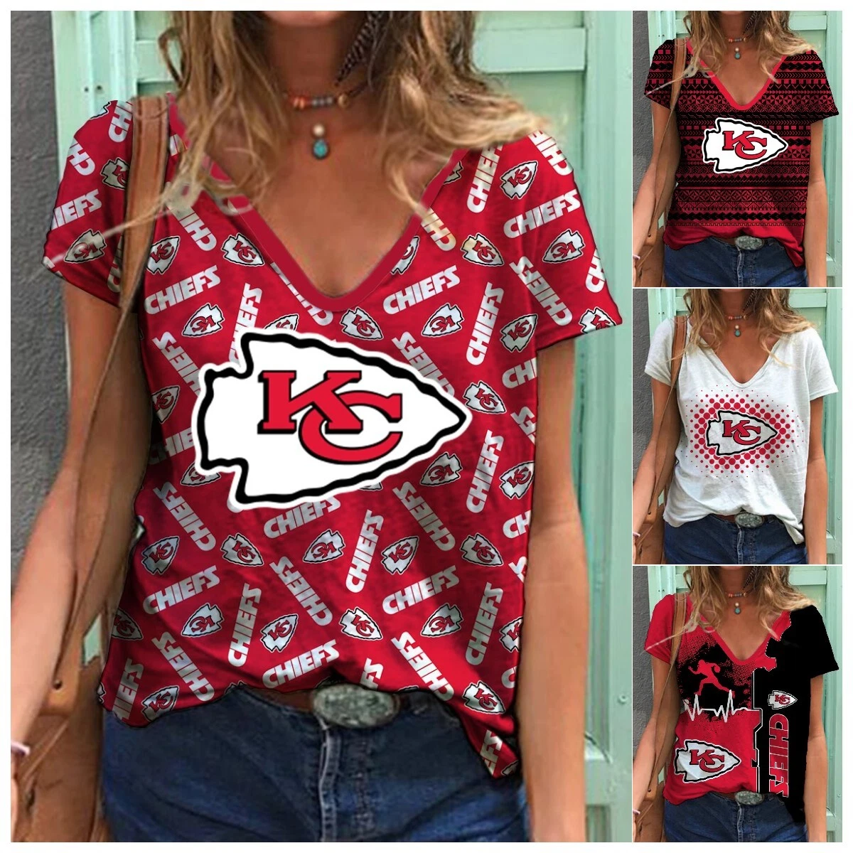 Kansas City Chiefs Women's Short Sleeve T Shirt V-Neck Sport Tops Loose  T-shirt