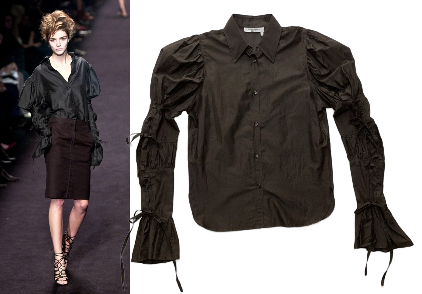 Camicetta YSL Saint Laurent Rive Gauche autunno 2002 marrone manica stringata Tom Ford 42