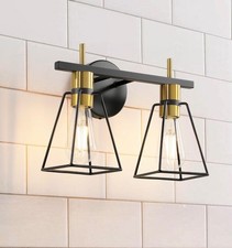 Industrial Bathroom Vanity Light 2-Light Black Gold Cage Wall Sconce Farmhouse
