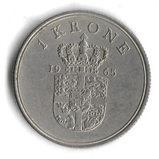 1965 Denmark 1 Krone World Coin - Mintage 13,798,541 - KM# 851