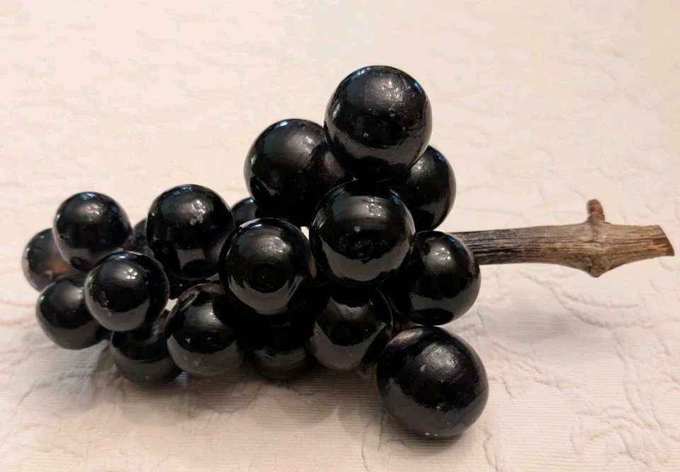 Vintage Italian Alabaster Stone Fruit Grapes Purple Black Cluster Wood Stem - Image 2 of 4