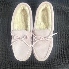My Slippers Women  s Pink Leather Moccasin Slippers Faux Fur Lined Bow US 8 NWOB