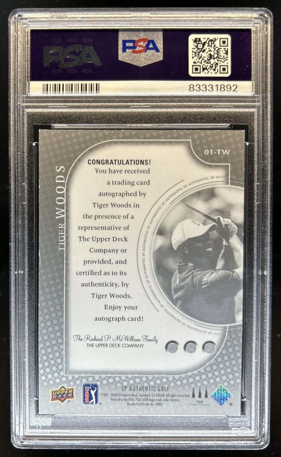 2021 SP Authentic Tiger Woods 2001 Retro Tribute Auto Autograph #01-TW PSA 8 view 2