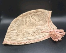 Vtg 1920s 1930s Crochet Lace Boudoir Cap Bonnet Ribbon Bow Infant Doll Hat...