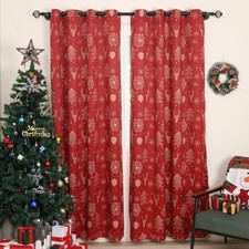 2 Pcs Red Xmas Gift Window Curtains 63 Inches Long Gold Snowflakes and Pines ...