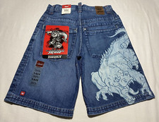 Vintage Boy's JNCO Dragon Blue Jean Shorts Size 14 Husky Denim Embroidered NEW