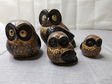 Vintage Retro Brown Gold Ceramic Owls Lot Of 4 1960 Texture Figurine Japan OMC