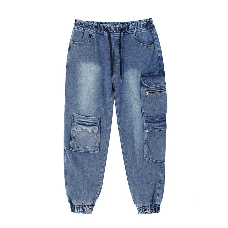 Men Elastic Waist Cargo Denim Pants Jeans Trousers Loose Tapered Cuffed Trousers