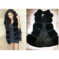 Women Size Small Black Faux Fur Sleeveless Open Front Long Vest Gilet Waistcoat