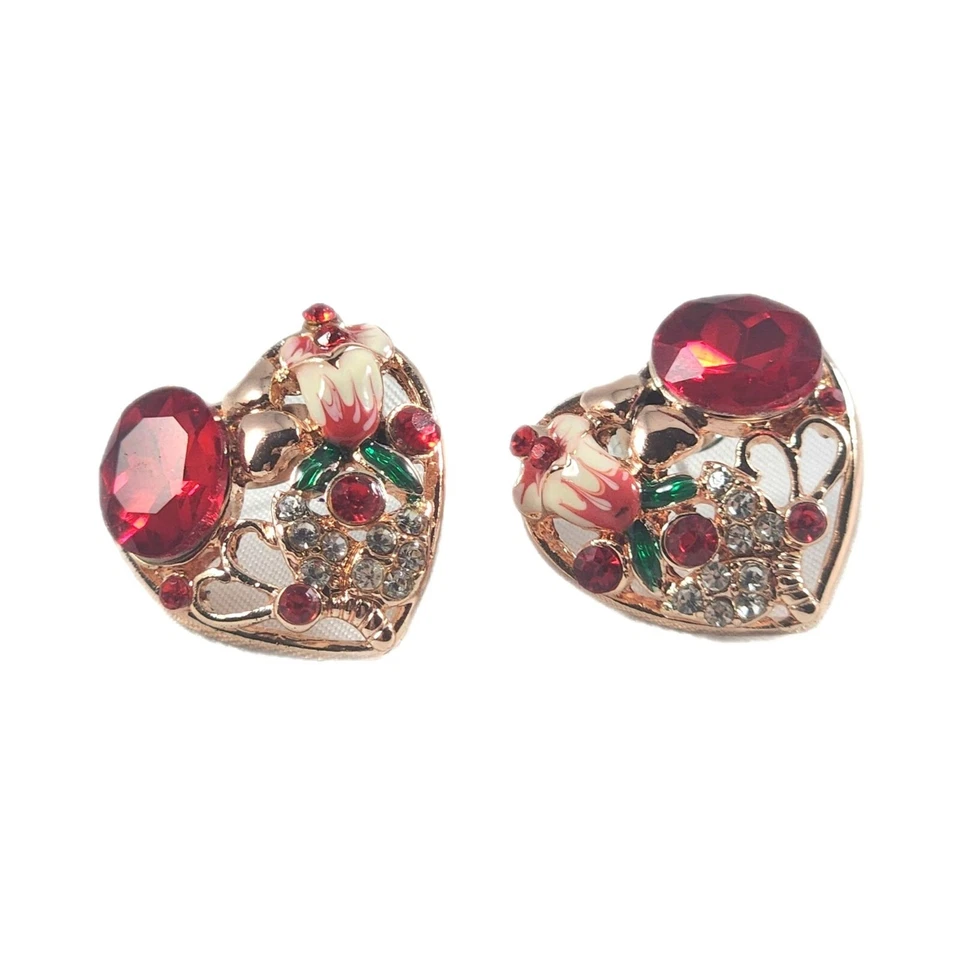 Womens Earrings Heart Shaped Earring Set New Ruby Red Rose Gold Tone Rhinestone - Image 2 of 4