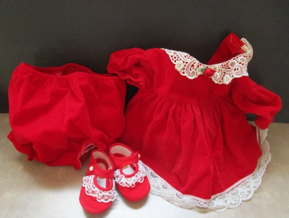CUTEST ONE Rojo Terciopelo con Encaje Vestido de Navidad Conjunto Hecho en EE. UU. Recién Nacido 0-6M Foto 3 de 4