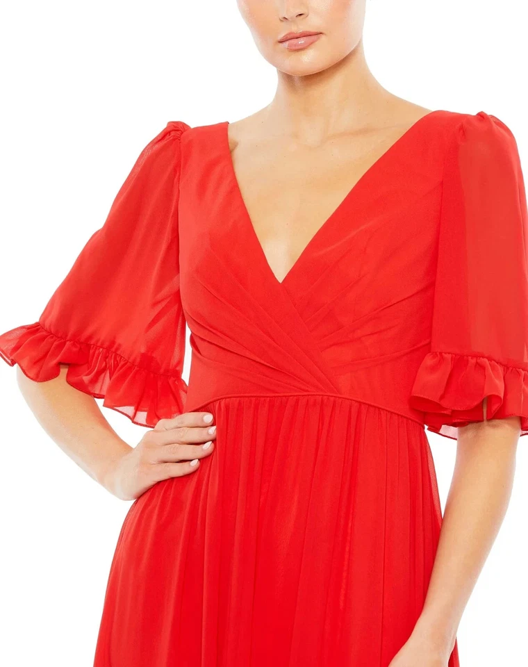 Ieena Mac Duggal Red Ruffle Trim Faux Wrap A-Line Gown Size 14 $498 - Image 3 of 3