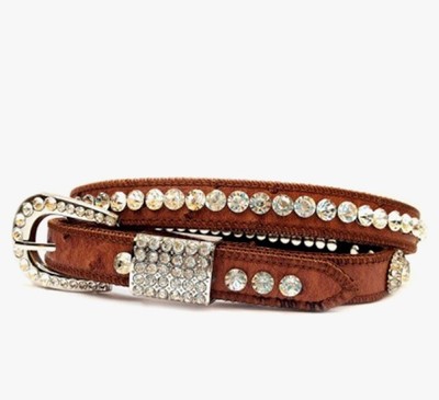 Crazy4bling Rhinestone Genuine leather Belt 41in  Glam Chic Cowgirl Narrow Camel