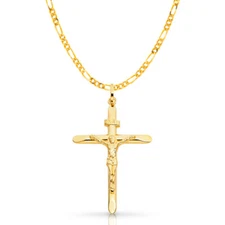 14K Yellow Gold Crucifix Pendant with 3.1mm Figaro 3+1 Chain Necklace