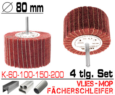 4 tlg. Schleifmop Vlies Mop Lamellen Walze Fächer Schleifer 60 mm K60 - K200 4 tlg. Schleifmop Vlies Mop Lamellen Walze Fächer Schleifer 60 mm K60 - K200