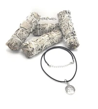 California 4" White Sage Smudge Sticks (4)  & Tree of Life Necklace