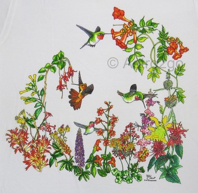 HUMMINGBIRD GARDEN-Birds Flowers Nectar Nature Ladies Scoop Neck T shirt S-2XL