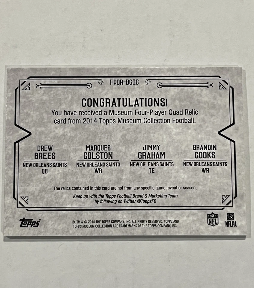 2014 Topps Museum Collection Quad Relics Drew Brees Graham Cooks Colston #’d /50 - Image 3 of 3