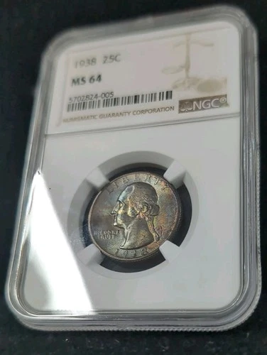 1938 25C Washington Quarter NGC MS 64 Rainbow Toning #6958