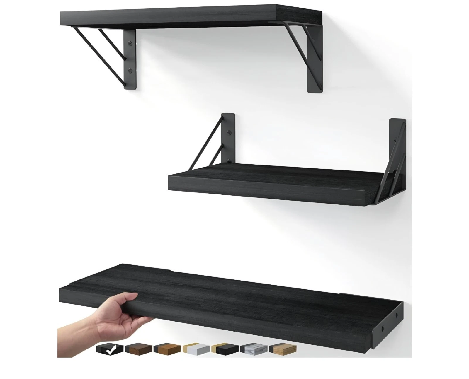 Set of 3 Black Wall-Mounted Floating Shelves, Space-Saving Wood Display & Organi