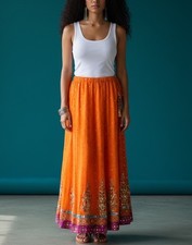 Vtg Orange Gold Sequin Embroidered Lehenga Chiffon Maxi Skirt M/L Mirror Work