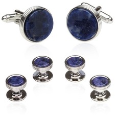 Blue Sodalite Tuxedo Shirt Cufflinks Studs Formal Set for Men with Travel Gif...