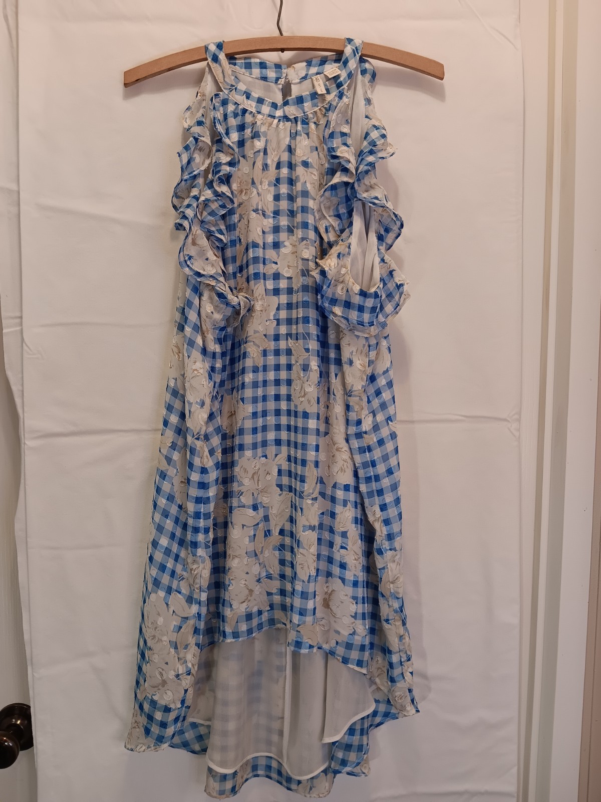 Cato Womens Size XL Blue White Plaid Floral Sleeveless Ruffle Tunic Top