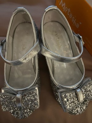 Toddler girls silver glitter bow Mary Jane mini low heels shoes Sz 10