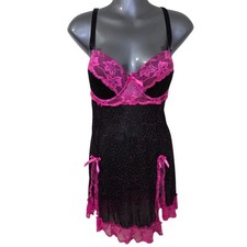 Babydoll Chemise Black Pink Lace Sheer Ruffle Underwire Lingerie Dress Coquette