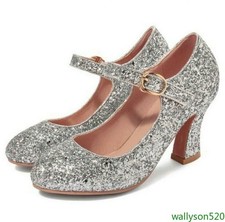 Women's Ladies High Heels Sequins Round Toe Shoes Wedding Party Dress Bride Pump