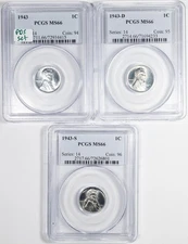 1943 PDS Steel Penny Set of 3 Coins ALL PCGS MS66 Gem Uncirculated