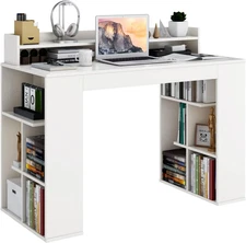 48” White Desk with Storage Bookshelf, Home Office Computer Desk with Dual 3 Tie
