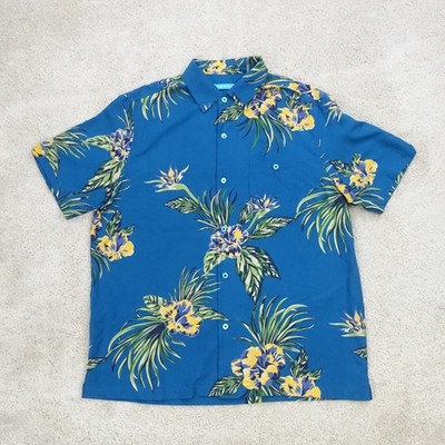 Tori Richard Hemd Herren mittelblau Hawaii Blumen Vogelparadies Knopfleiste Camp