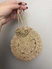 Antique Victorian Era Cream Beige Crochet Knit Round Drawstring Small Purse