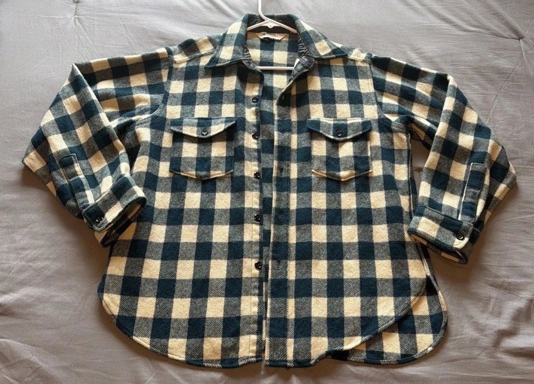 Vintage Woolrich Wool Button Down Shirt , Green/White Plaid - White Label, Large