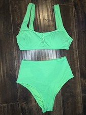 Aerie Green Waffle Textured High Waisted Cheeky Bikini Set Xs/S