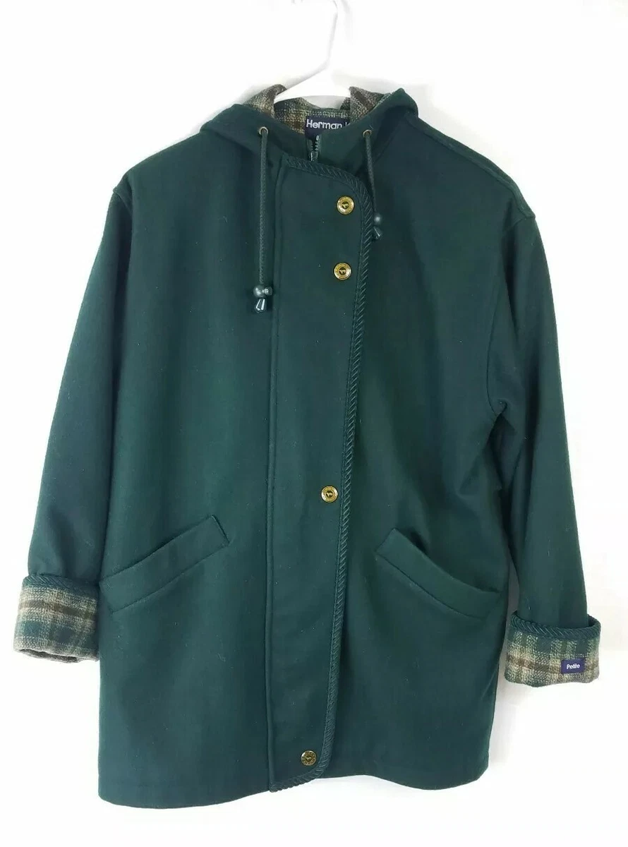 HERMAN KAY Vintage Womens Western Wool Blend Long Coat Flannel Hood Sz Petite 6P