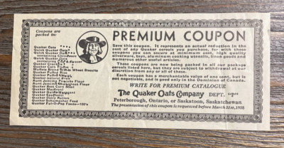 1938 Quaker Oats Premium Coupon Vtg Cereal Canadian Bi Lingual French English