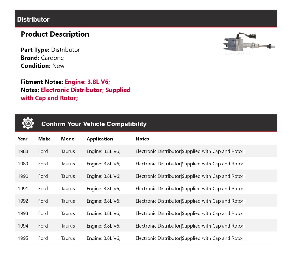 Para 1988-1995 Ford Taurus 3.8L V6 Distribuidor Cardone 1989 1990 1991 1992 1993 - Imagem 2 de 4