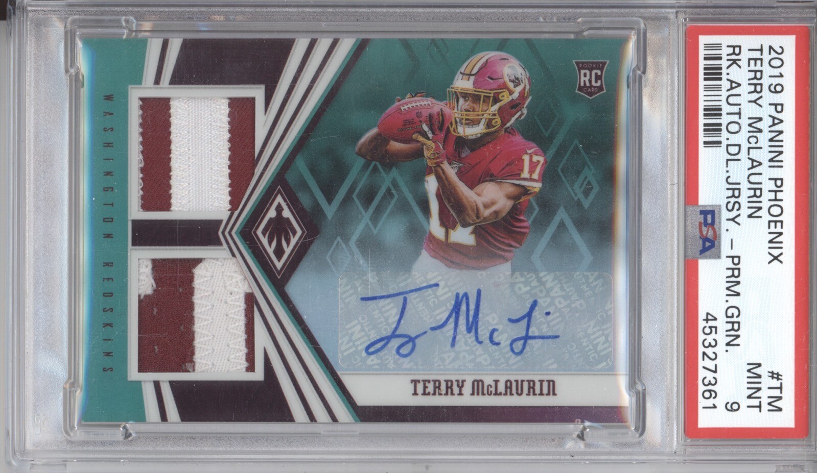 Terry McLaurin Panini Phoenix Rookie Autograph Dual Jersey #TM Prime Green