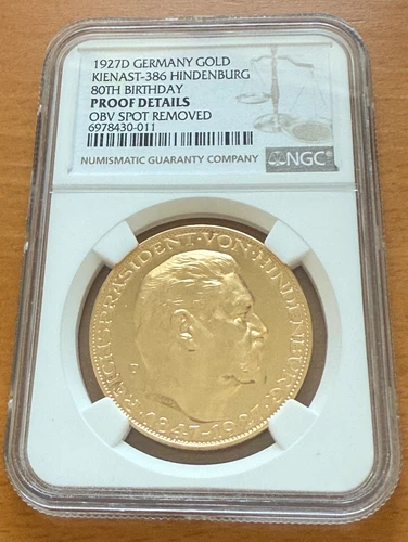 Germany Weimar Republic 1927D Gold Medal NGC Proof Details Hindenburg