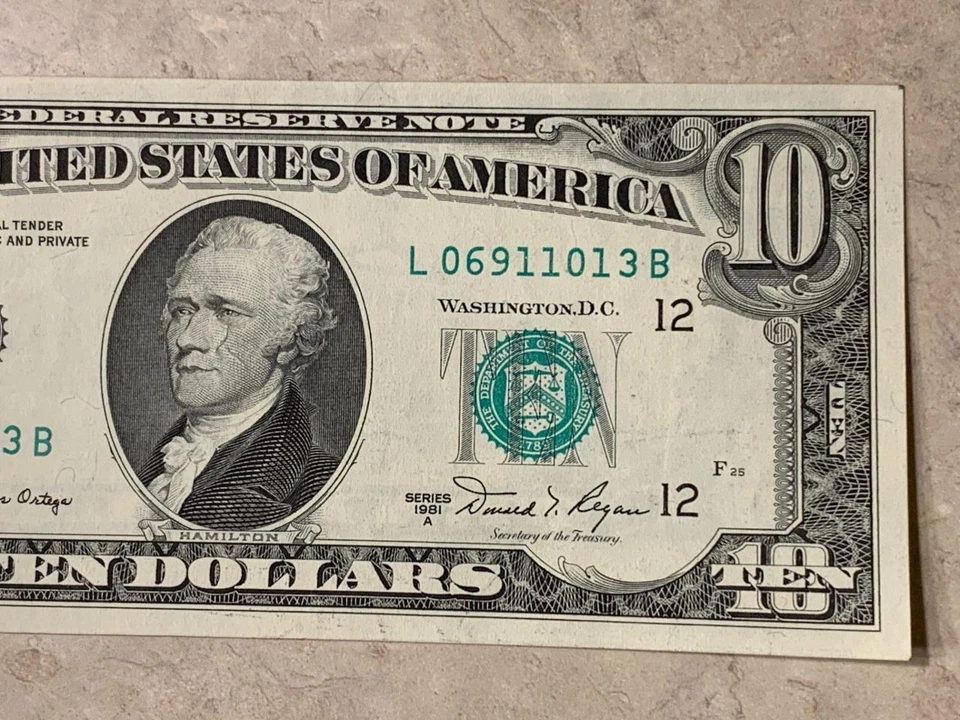 1981 A $10 FRN Boldly Misaligned Reverse ERROR AU+ Condition SKU# 34838 - Image 4 of 4