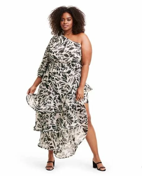 Plus Size Botanical One Shoulder Ruffle Dress ALEXIS for Target Black 3X