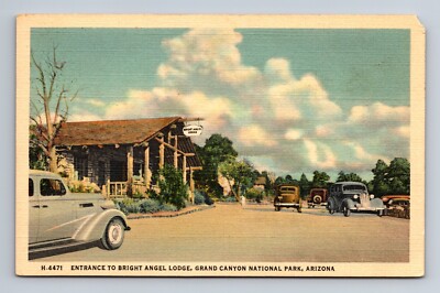 Entrance to Bright Angel Lodge Old Cars Grand Canyon AZ Fred Harvey Postcard